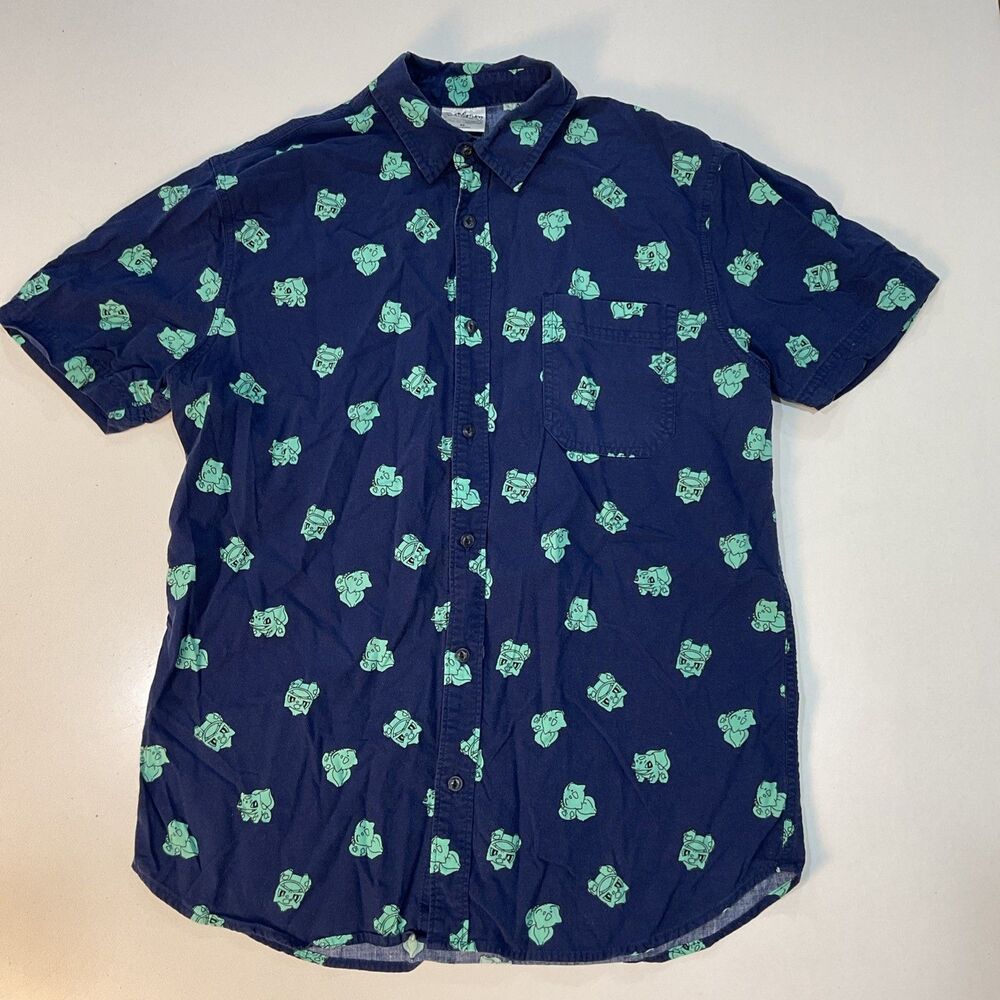 Pokemon Bulbasaur Shirt Mens Medium Blue Short Sleeve Button Up Graphic Allover